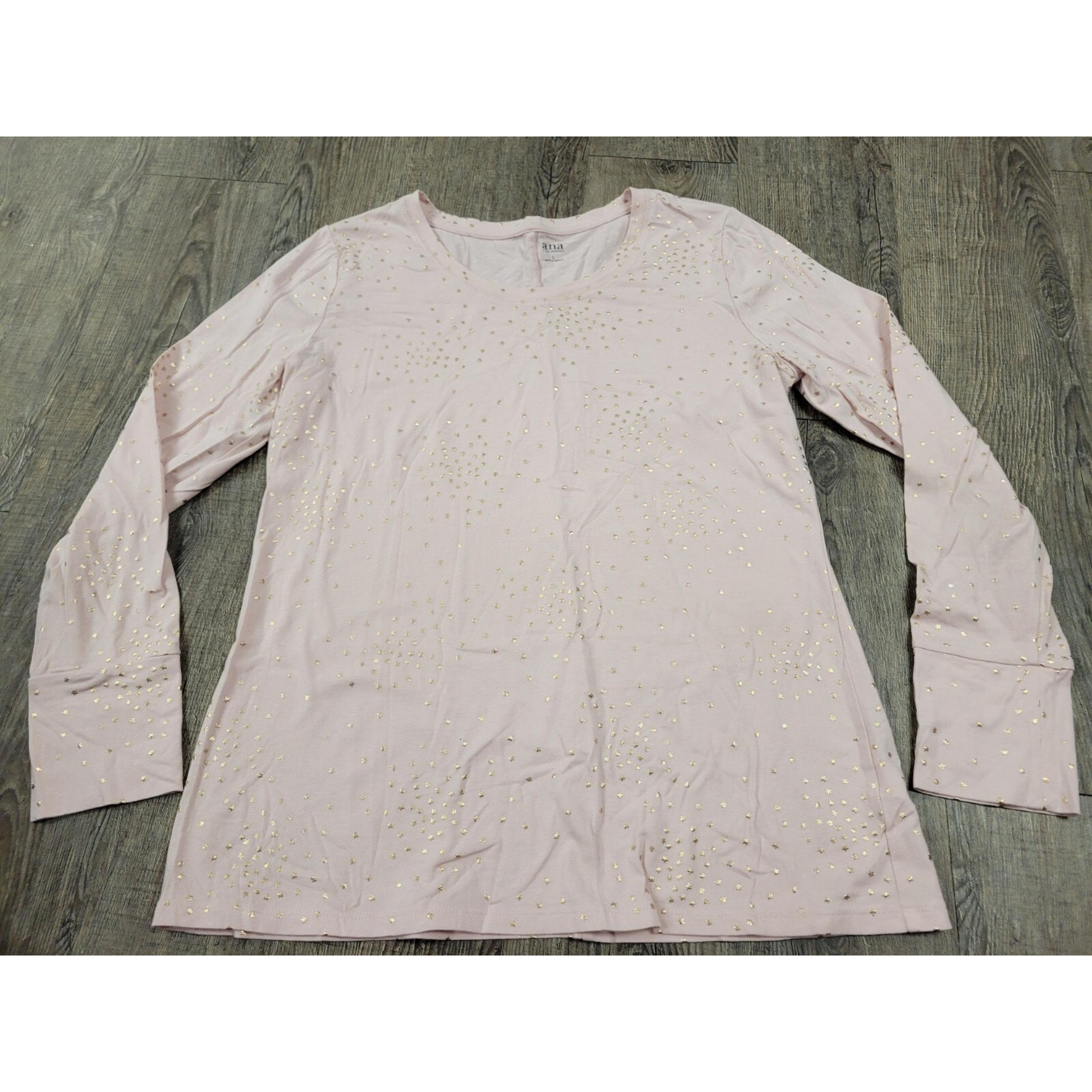 A.N.A Shirt Womens Size Large Pink Gold Metallic Stars Long Sleeve Stretch