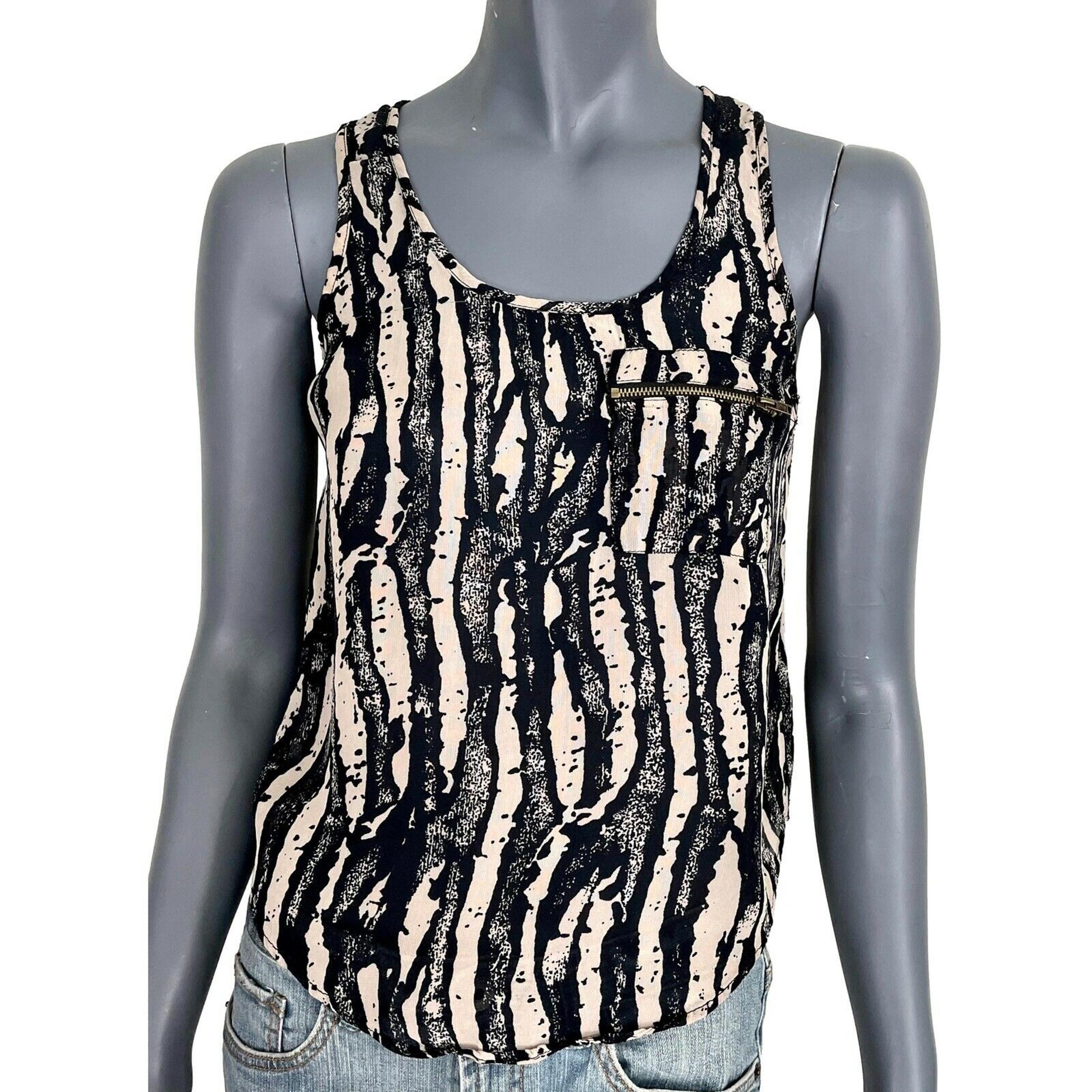 Topshop Womens Tank Top Black Beige Print Sheer Scoop Neck Pullover Pocket 2