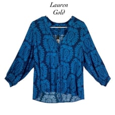 Lauren Gold W Talulah Blue Fern Leaf 3/4 Sleeve V Neck Top NWT Size S