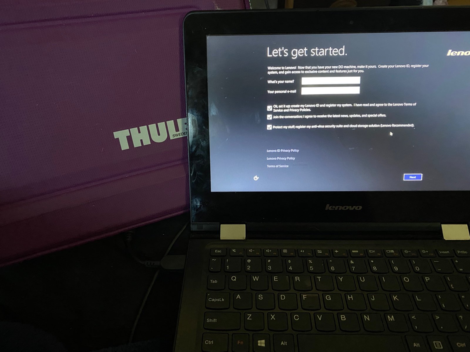 Lenovo touchscreen laptop with case and charger