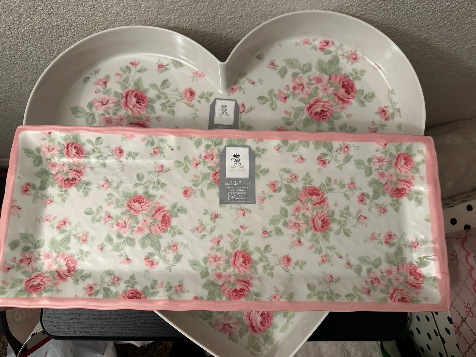 RACHEL ASHWELL SHABBY CHIC FLORAL heart platter and 2 trays