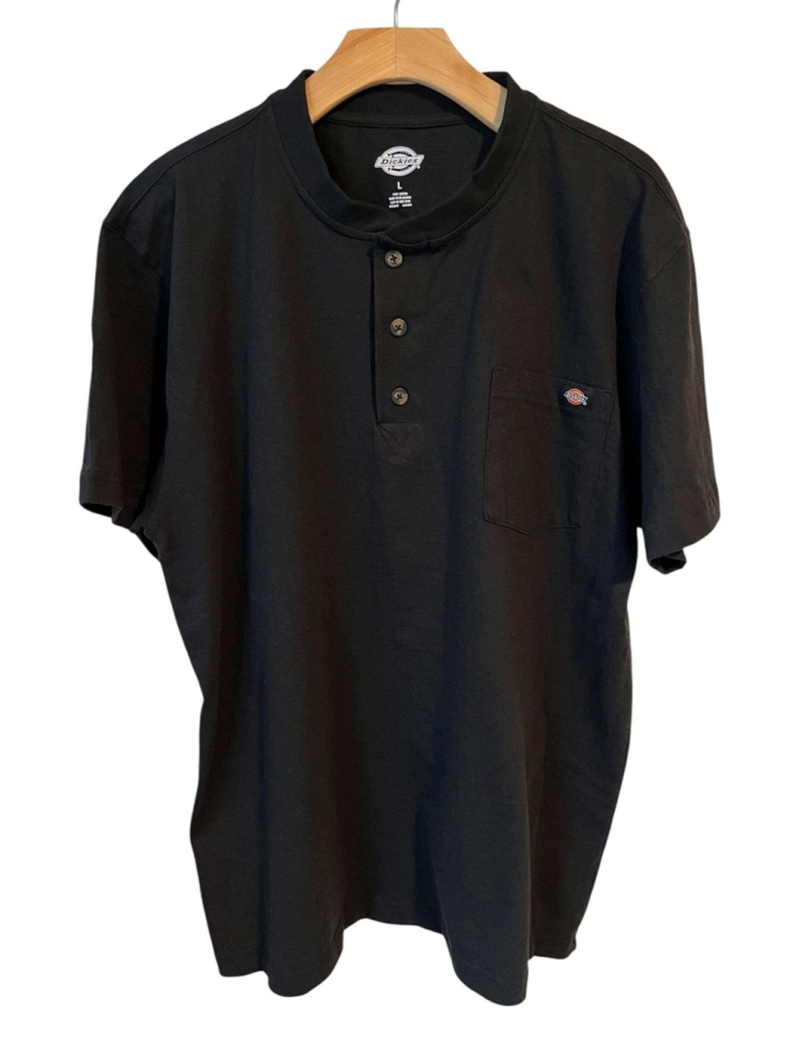 Dickies T-Shirt Men's Large Black Quarter Button Short Sleeve Pocket Crew Neck