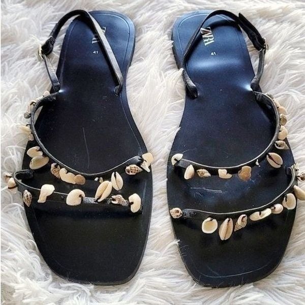 Zara Black Seashells Sandals Size 10