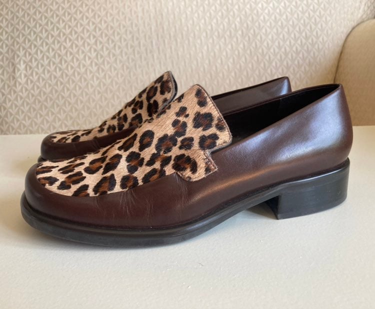 Vintage Franco Sarto loafer pony and brown leather with stacked heel size 8