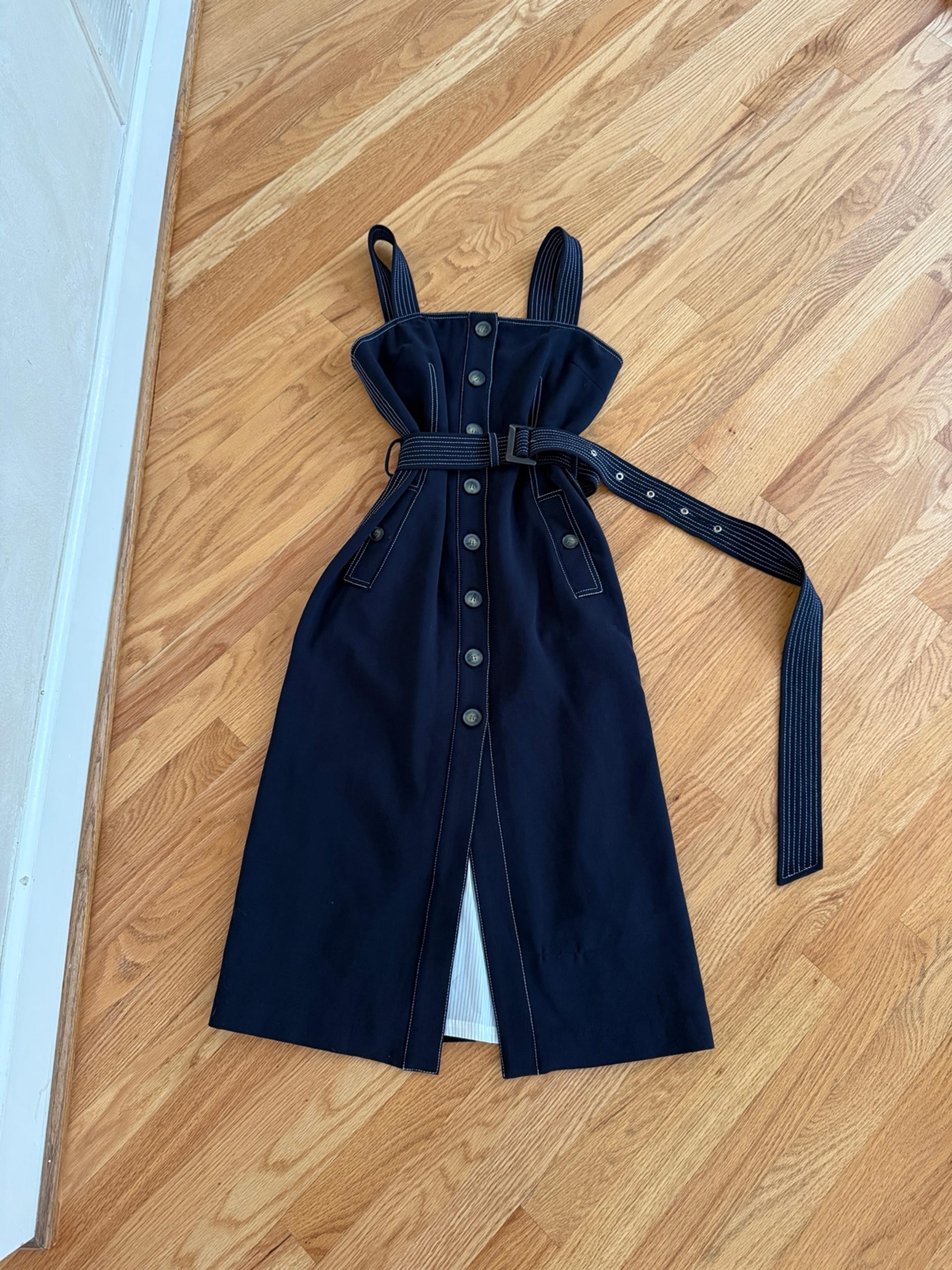 Veronica Beard Adora button front belted navy midi dress