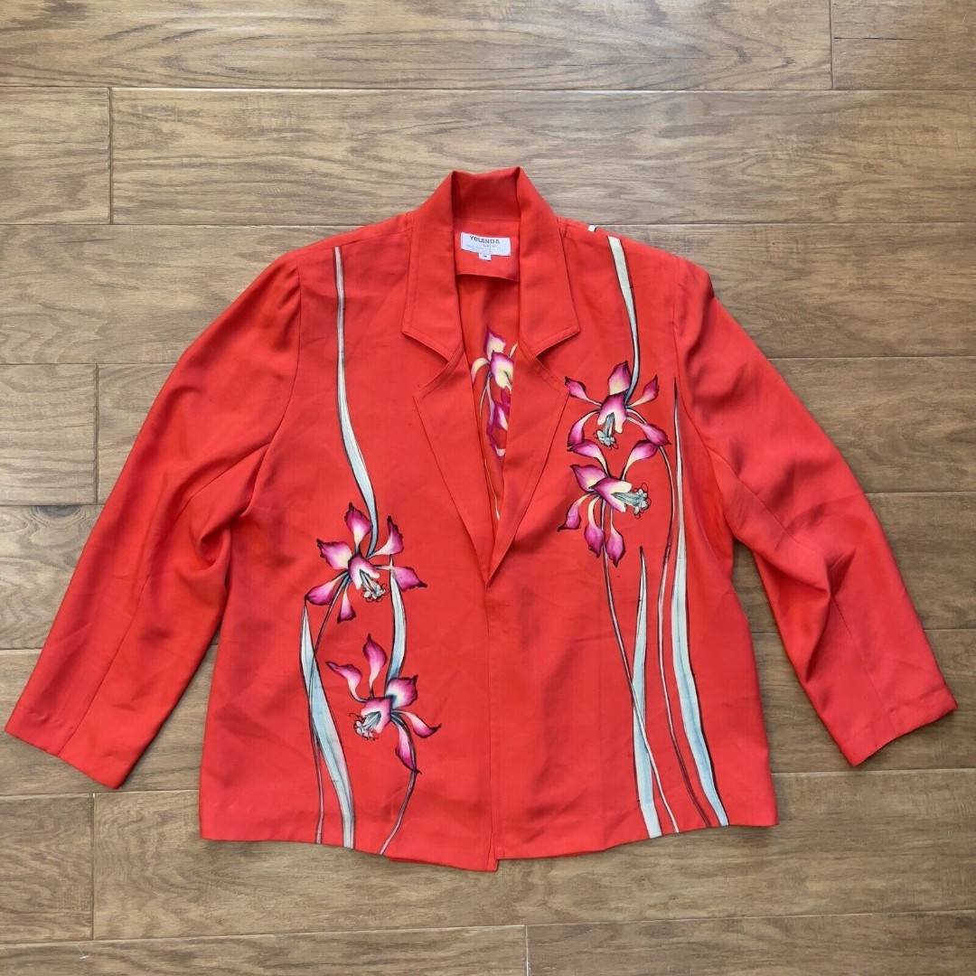 Vintage Yolanda Lorente Open Blazer Jacket Hand Painted 100% Silk 1X Floral Red