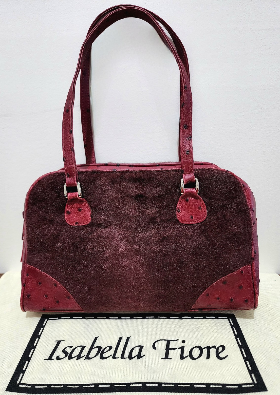 Isabella Fiore Baby Bowler Garnet Pony Hair & Ostrich Leather Rare Vintage Bag