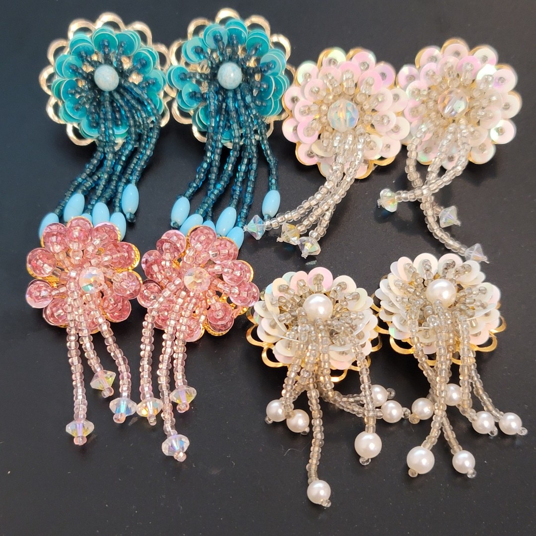 Lot of 4 Sequin Beaded Flower Earrings