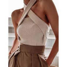 Halter Top Rib Knit Criss Cross Sleeveless Tank Top Casual Everyday