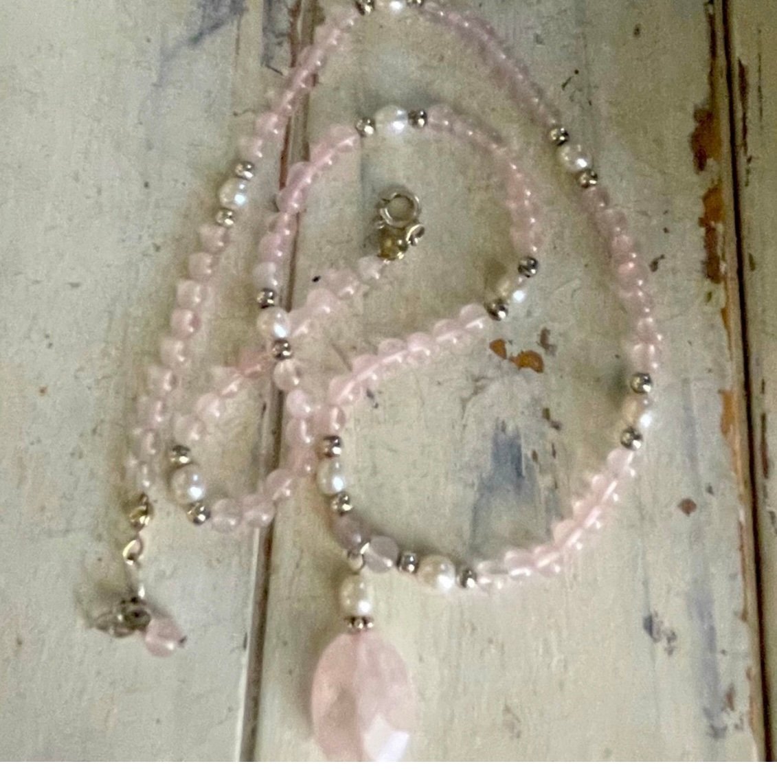 Sterling rose quartz w pearls & sterling ball beaded necklace