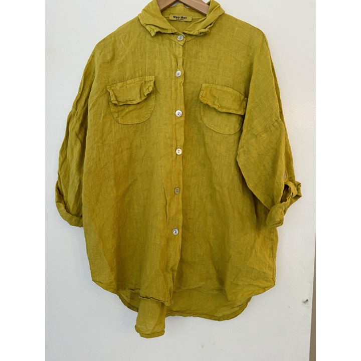 Meo Meli Yellow Linen Roll Tab Sleeves Button Down Lagenlook Shirt One Size