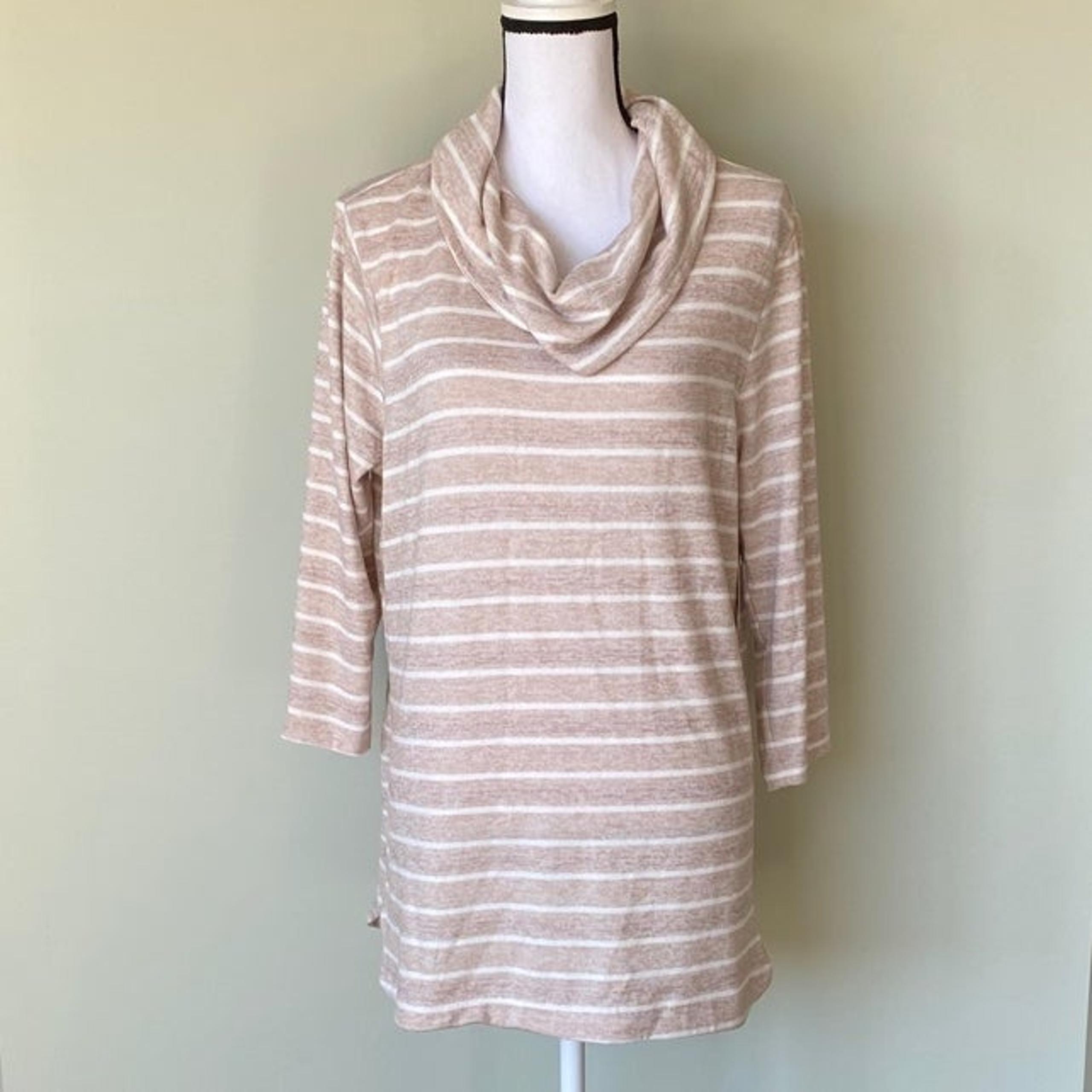Croft & Barrow Womens Beige/White Stripe Cowl Neck 3/4 Sleeve Tunic Top Sz L