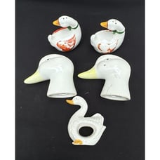 Vintage Goose Duck Ceramic Salt & Pepper Shakers & Napkin Ring -C4