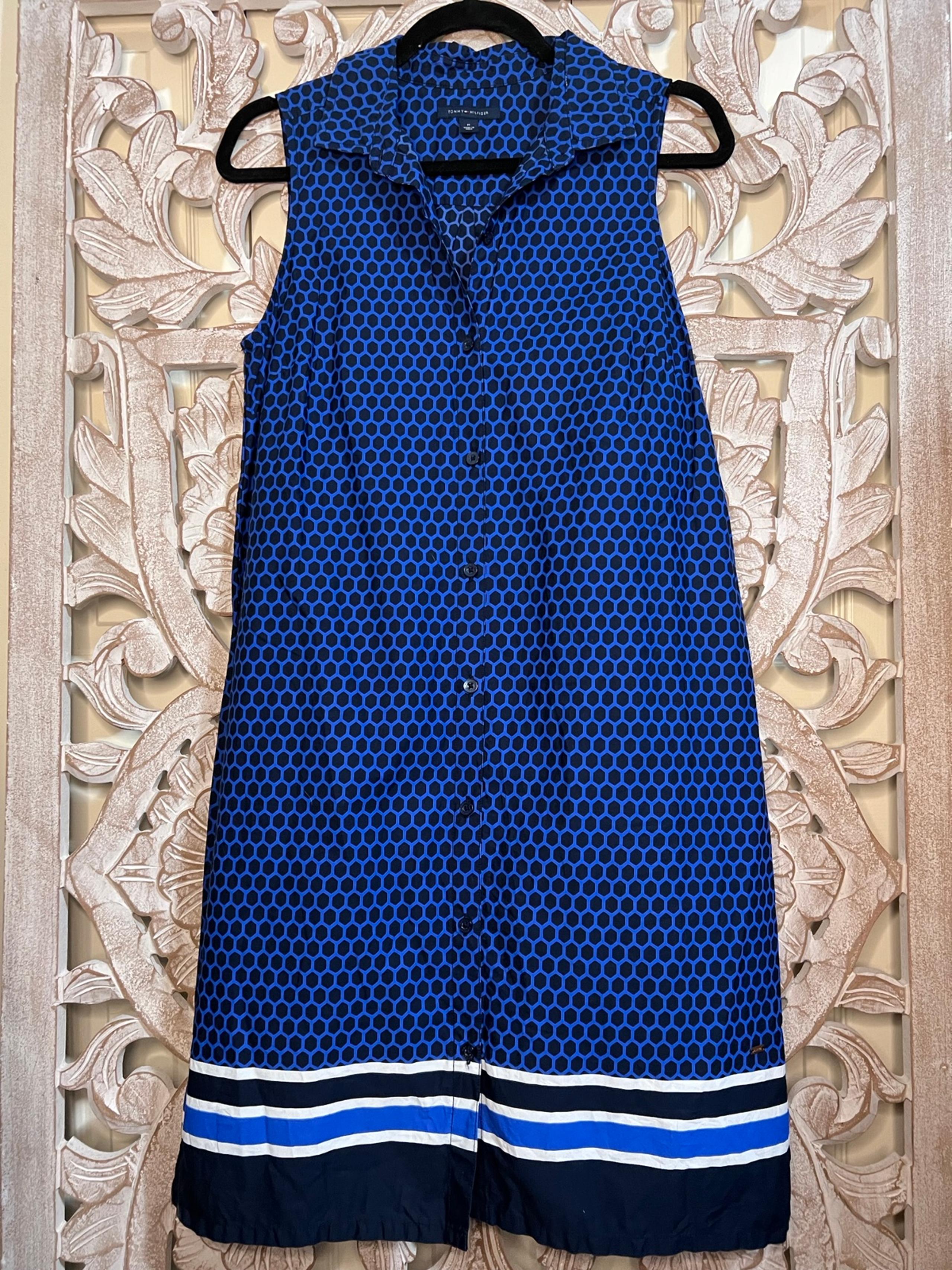 Tommy Hilfiger 100% Cotton Cobalt Blue Navy Pattern Midi Shirt Dress Sz M