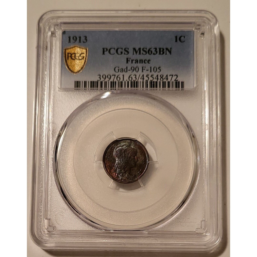 France 1913 1 Centime MS63 BN PCGS Nice Toning