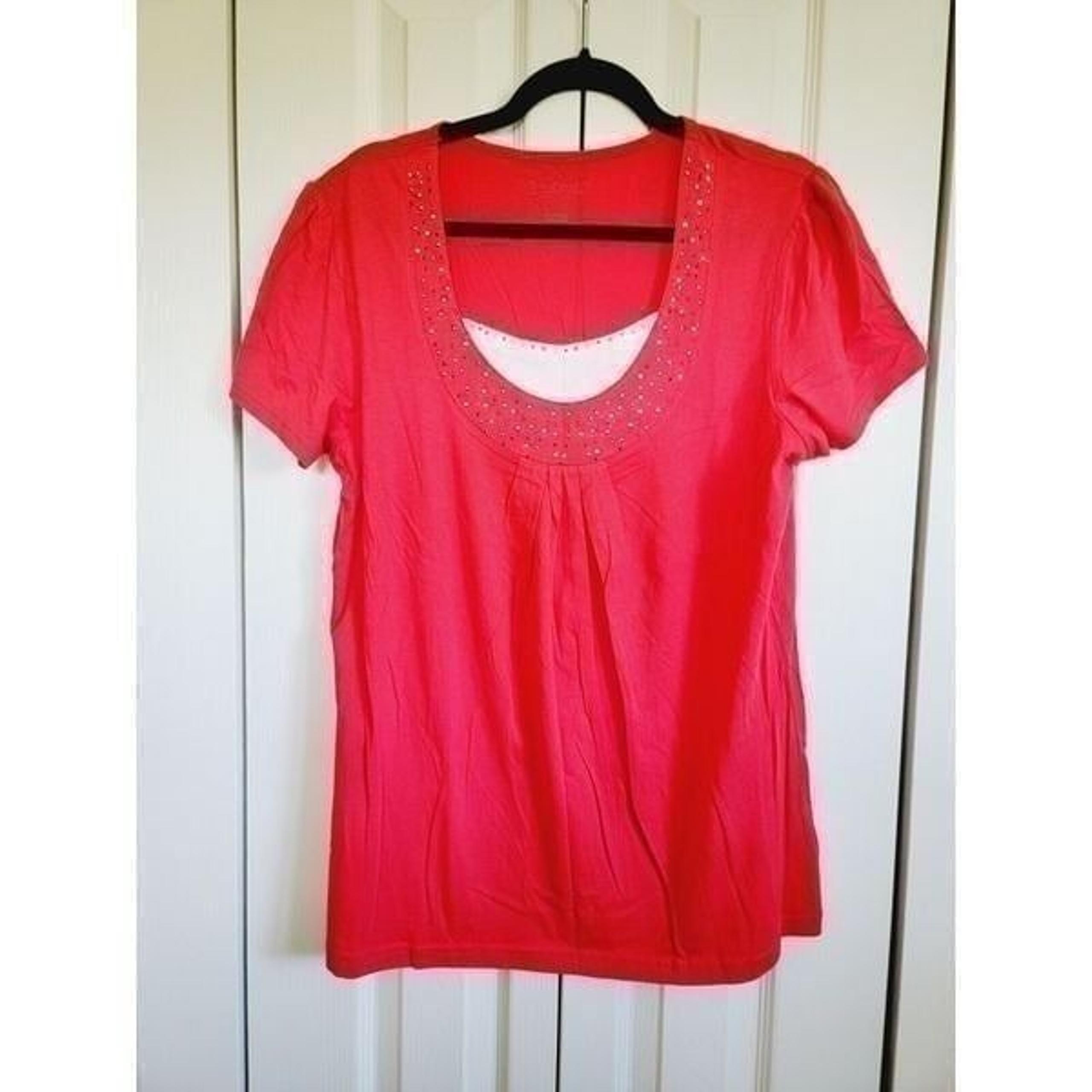 Crystal Kobe L Women's Top  Orange Short Sleeve Beaded Sequined Shirt Large