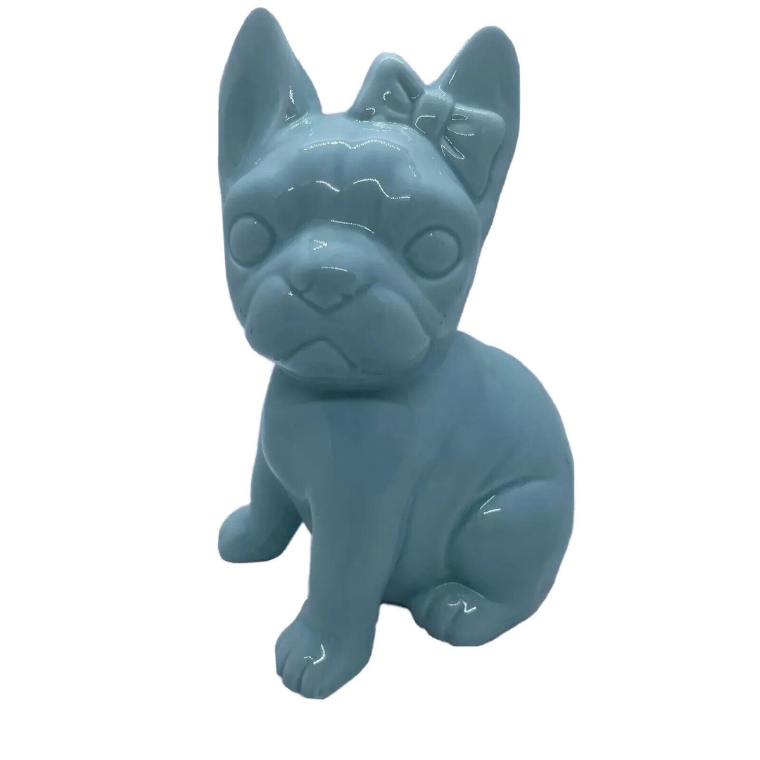 French Bulldog Coin Box Piggy Bank Blue Ceramic Figurine Home Decor No Defects