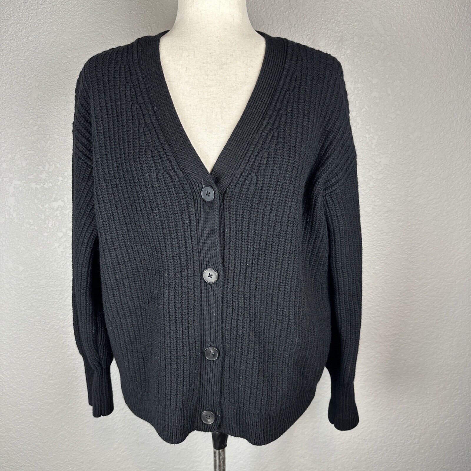 Wilfred Ribbed Knit Button V-Neck Cardigan Sweater Size M Black Merino Wool