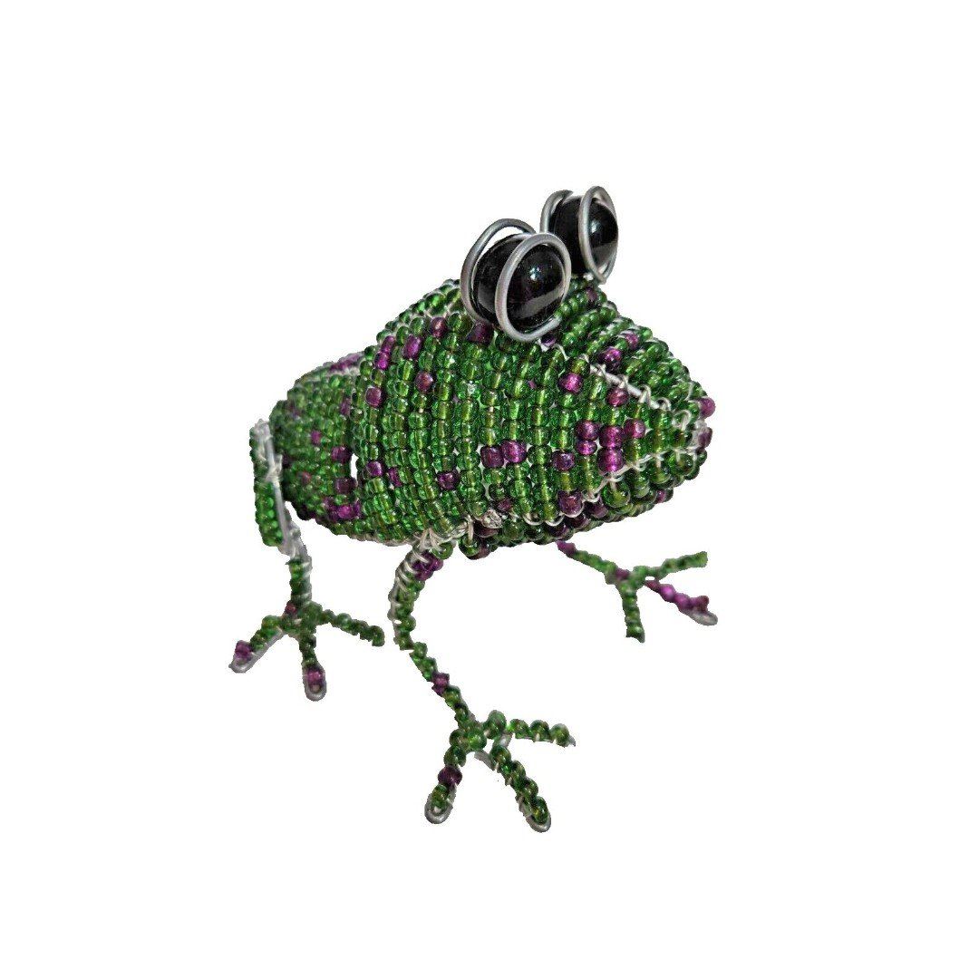 Vintage Handmade Beaded Wire Frog Sculpture, Art Handmade, Green Frog