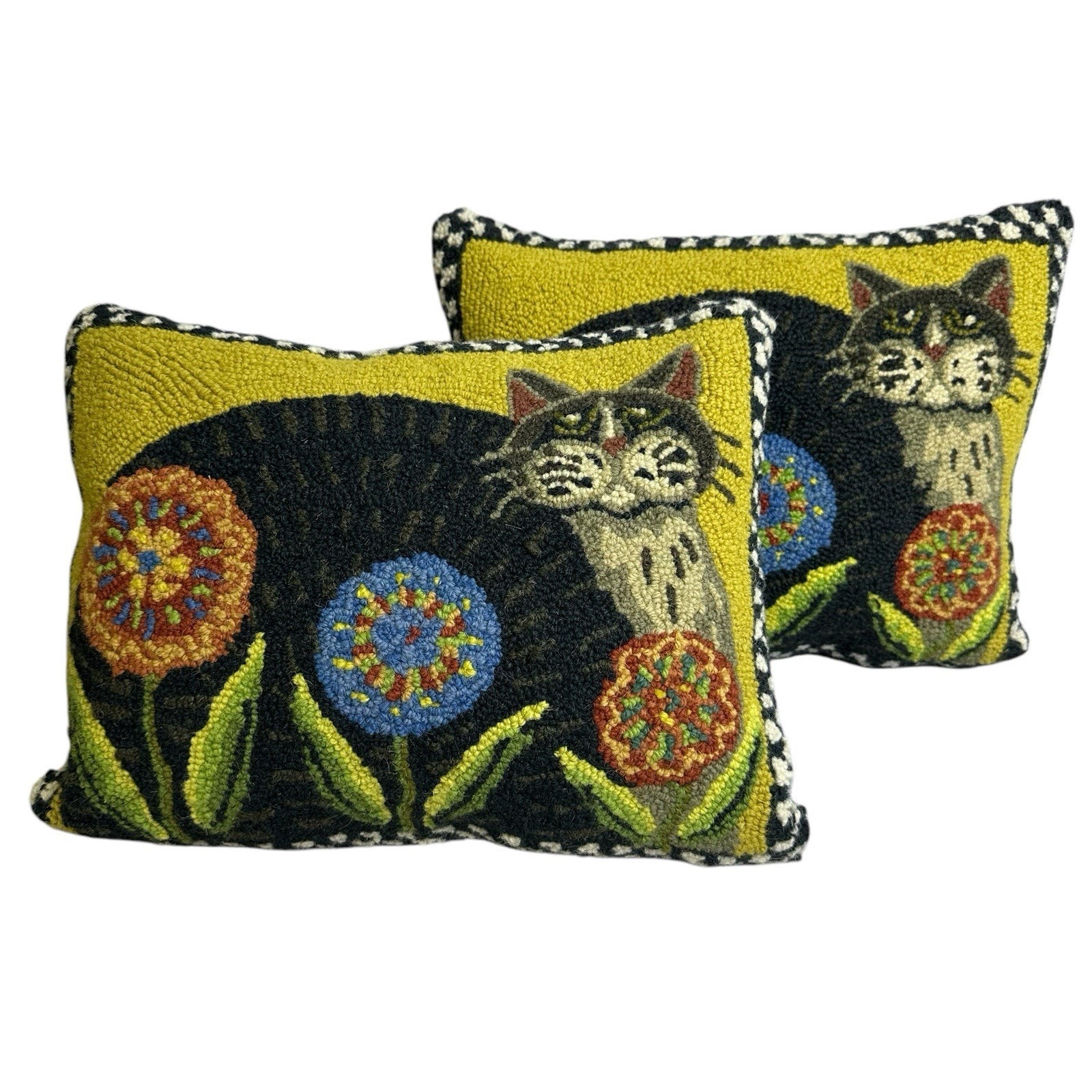 Handcraft Wool Hooked Velvet Wool Back Penny Flower Cat Pillow 14 x 18 Lot of 2