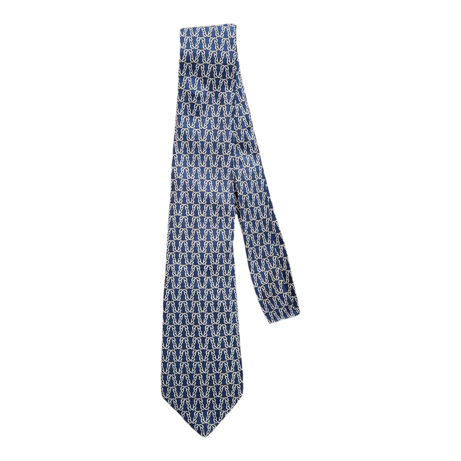 Neiman Marcus Hermes 100% Silk Tie Chainlink Blue & Gold Made In France 7302 EA