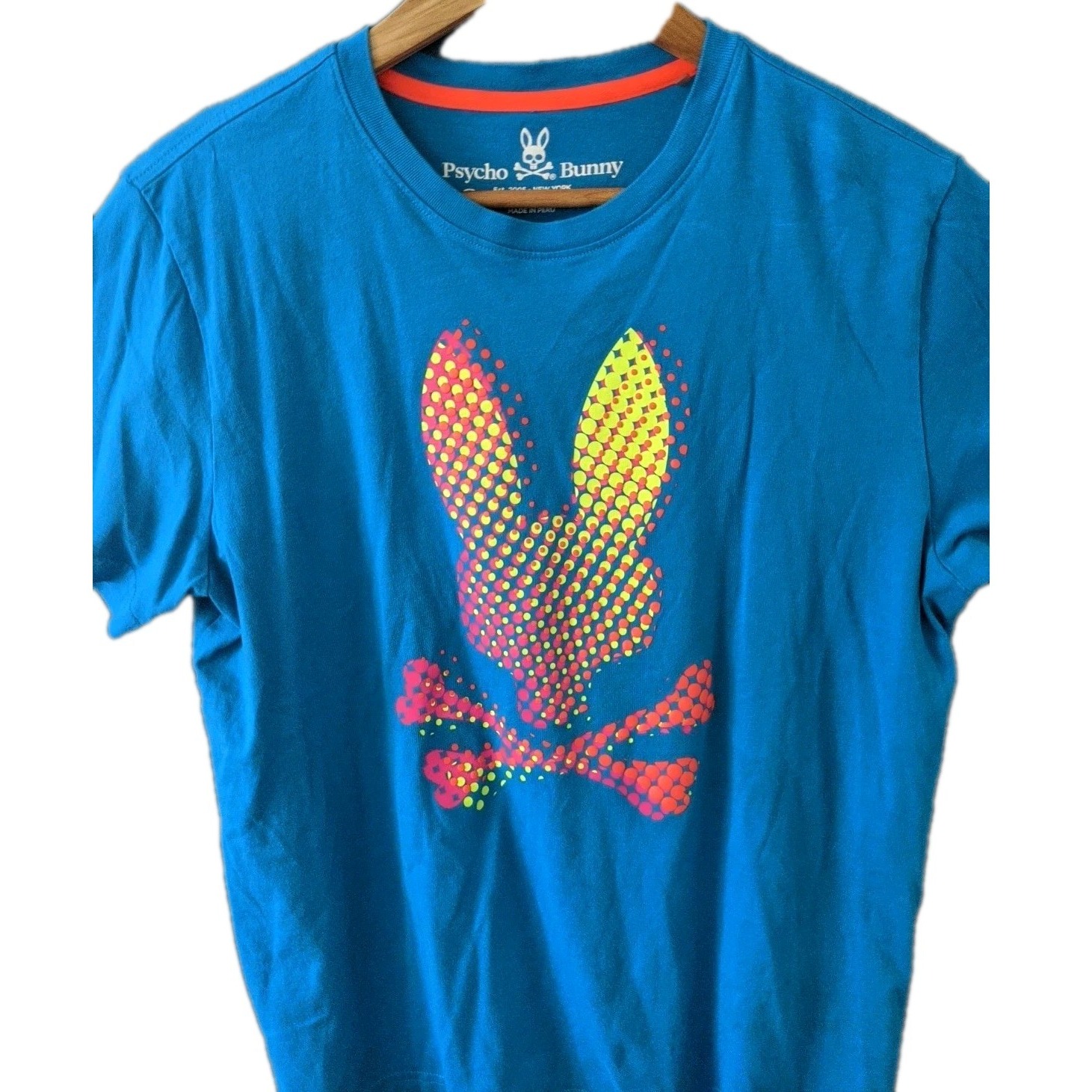 Rare Psycho Bunny T Shirt Blue Neon Pixels Pima Cotton Short Sleeve. Sz S or M