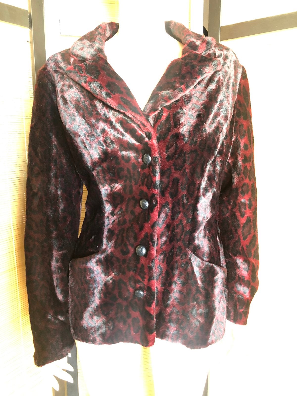 Betsey Johnson Vintage 90s Red Leopard Faux Fur Jacket Made in USA NYC XL EUC