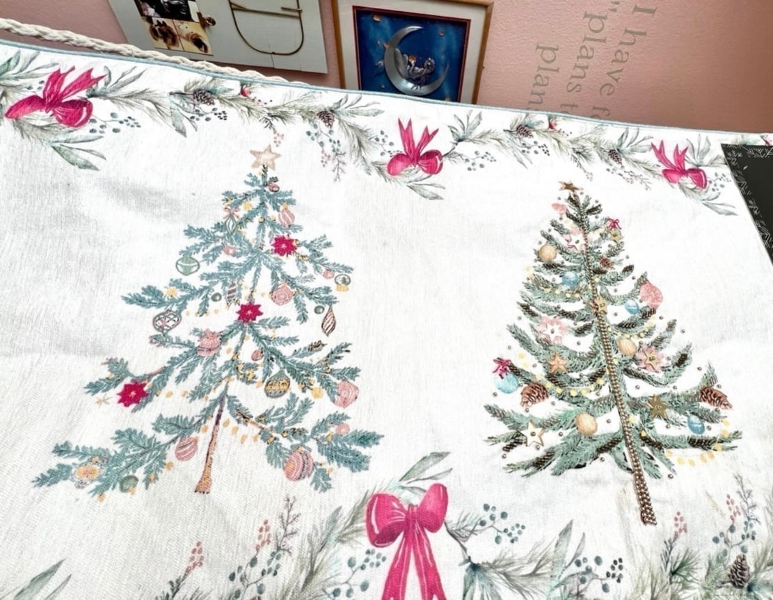 Rachel Zoe Pink XMAS Trees Bow Shabby Chic Tiffany Table Runner Coquette Vintage