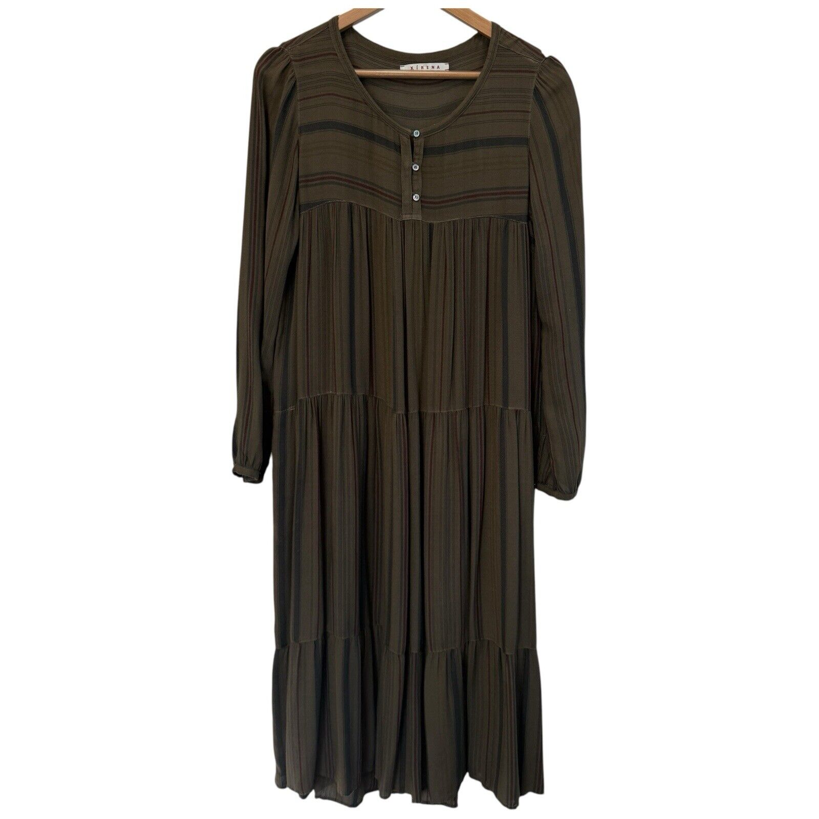 Xirena Long Sleeve Green Stripe Midi Dress Tiered Peasant Pockets Size S