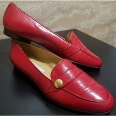 Etienne Aigner Red Leather Loafers with Gold Button Adornment sz 8N