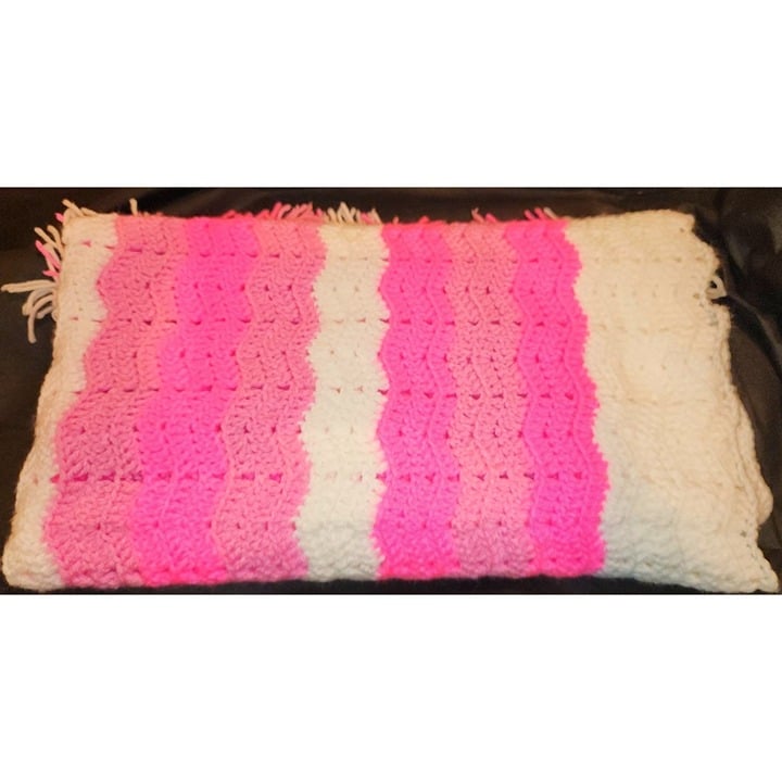 Handmade Crochet Blanket With Pink & White Stripes NEW 45X38