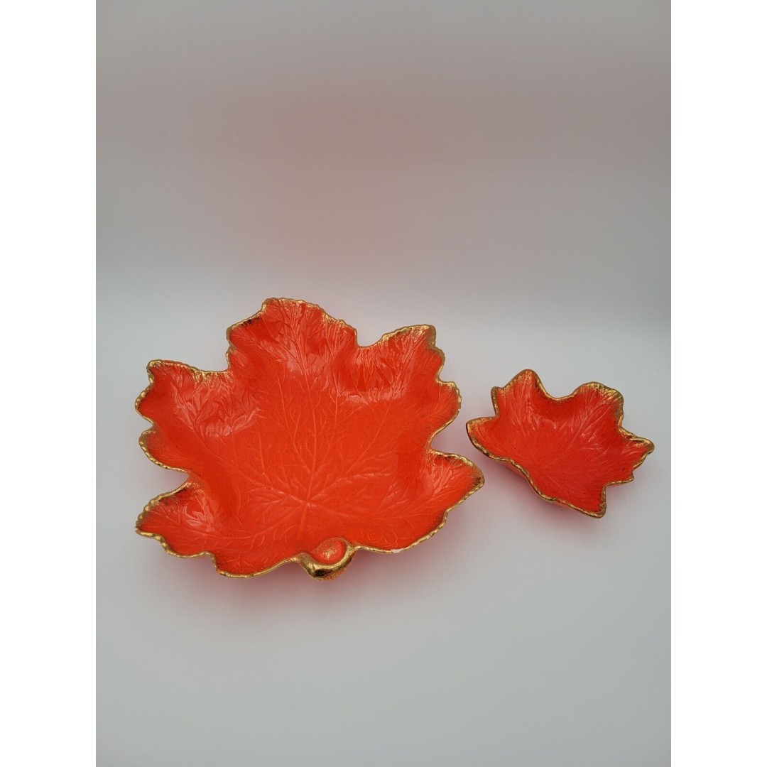 Vtg California Originals 719 720 Orange Leaf Dish Set Of 2 Gold Trim MCM AS-IS