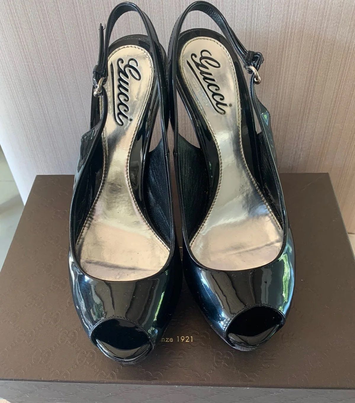 Gucci black patent leather peep toe high heels BEST PRICE ON THESE SHOES.