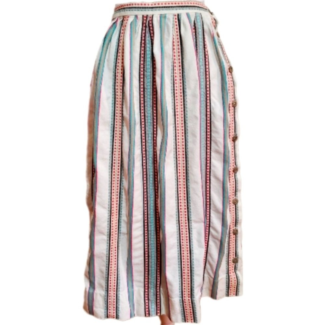 Susan Bristol vtg 80s cotton embroidered striped broomstick pleats midi skirt 14