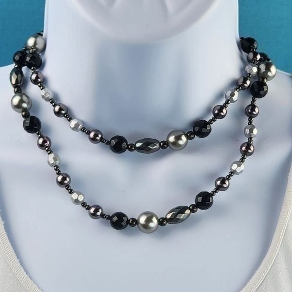 Gray, Black, & Silver Beaded Two Layered Necklace