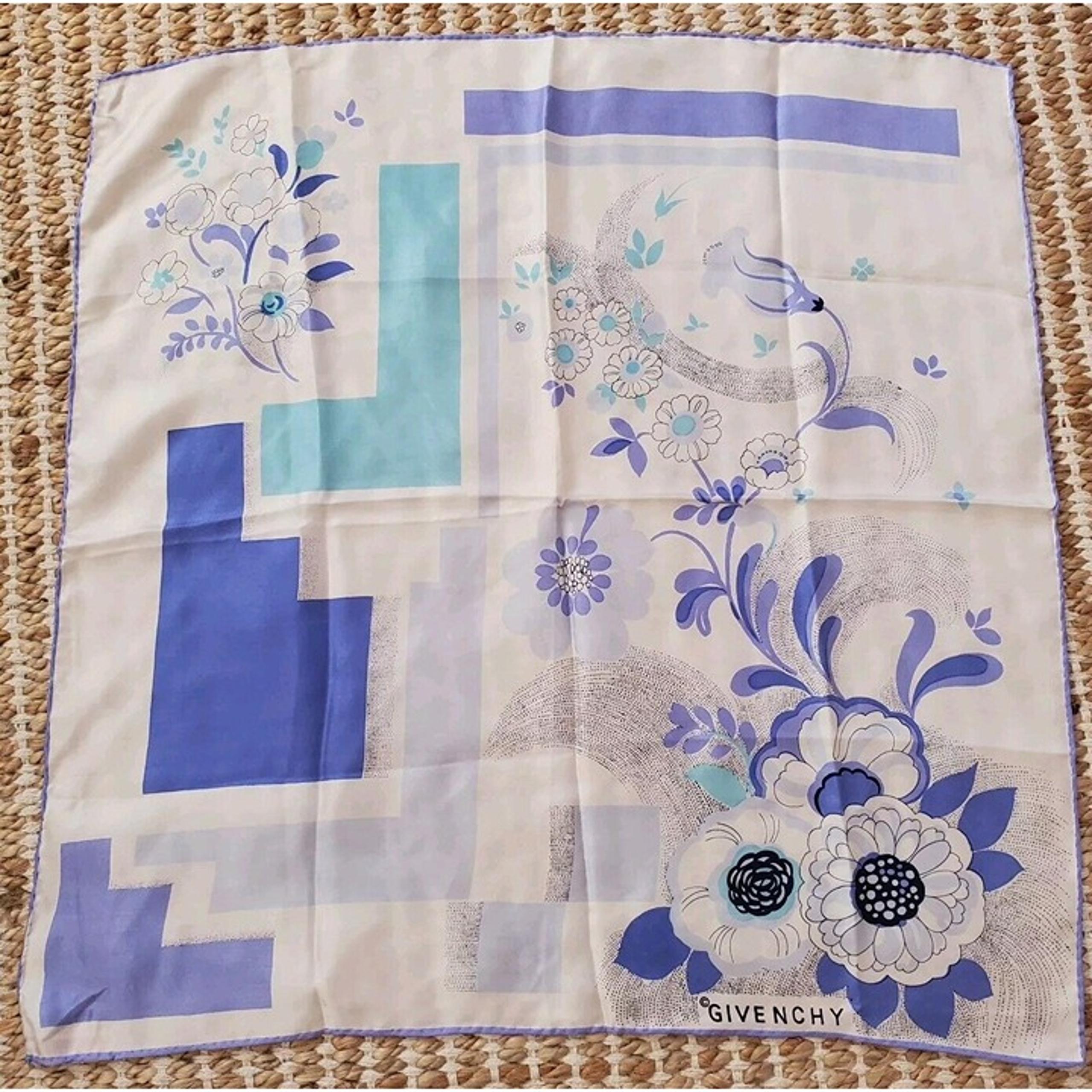 Vintage Givenchy Silk Scarf Floral Geometric Mod Teal and Periwinkle
