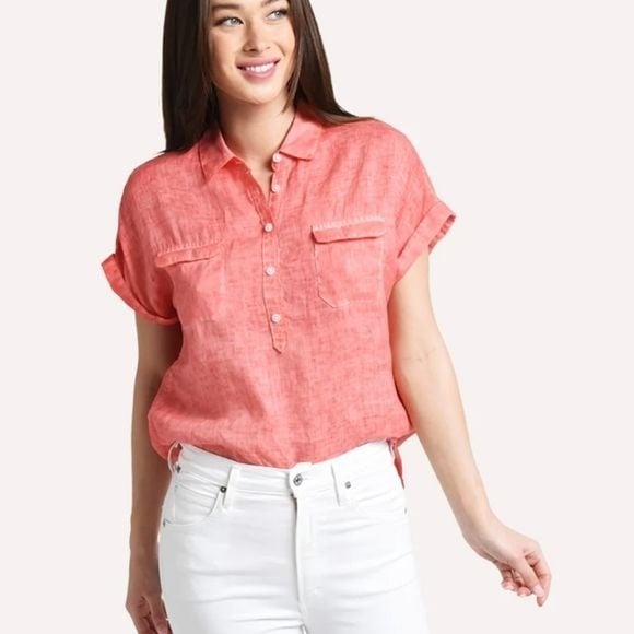 Tommy Bahama Sea Spray Short Sleeve 100% Linen Top In Coral Size Small