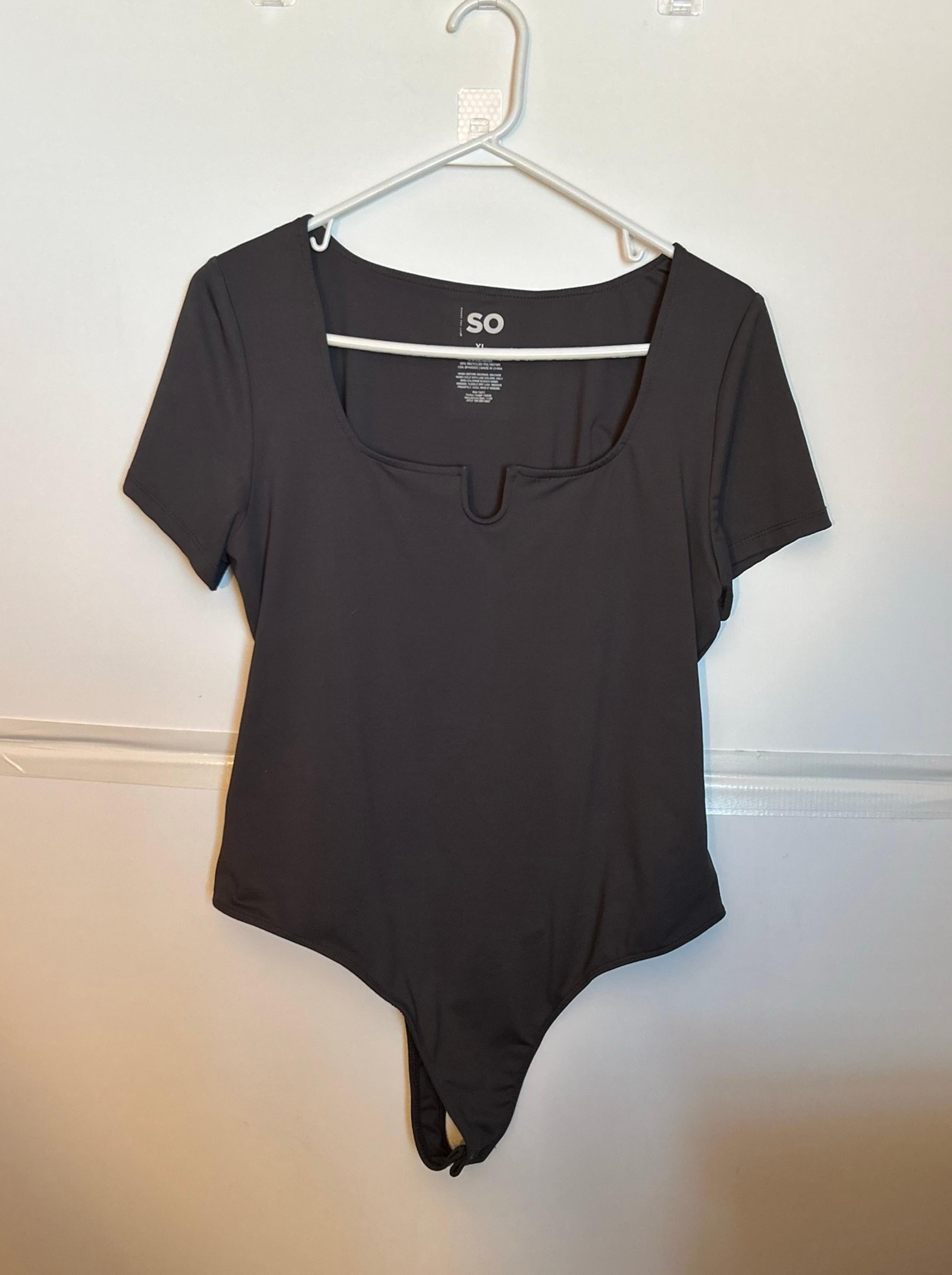SO SS women’s bodysuit. Dark grey, stretchy material, size XL.
