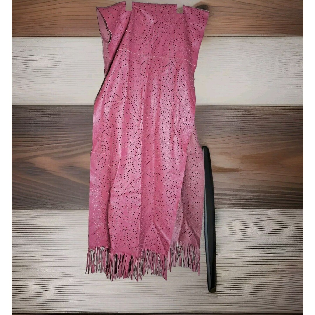 Pink Suede Leather Fringe Tassle Shawl Scarf Laser Cutout Geometric Soft 90 L