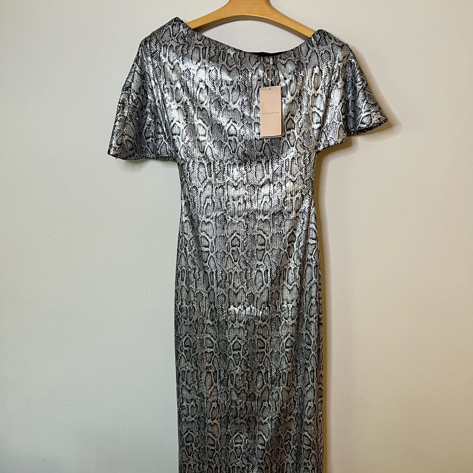 Christopher Kane Metallic Silver Snakeskin Midi Dress Asym Neckline Size 2