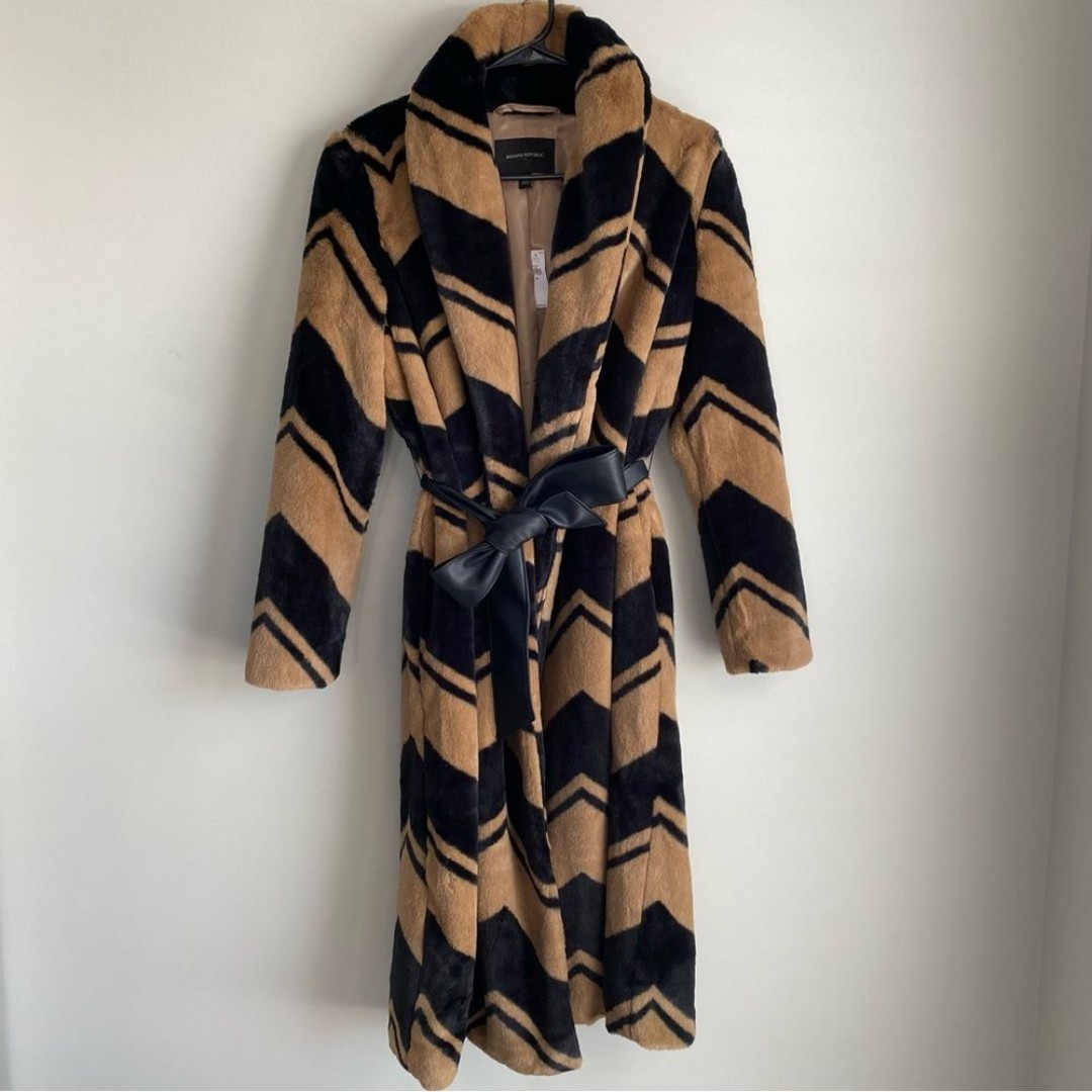 Banana Republic Faux Fur Chevron Long Coat XS NWT