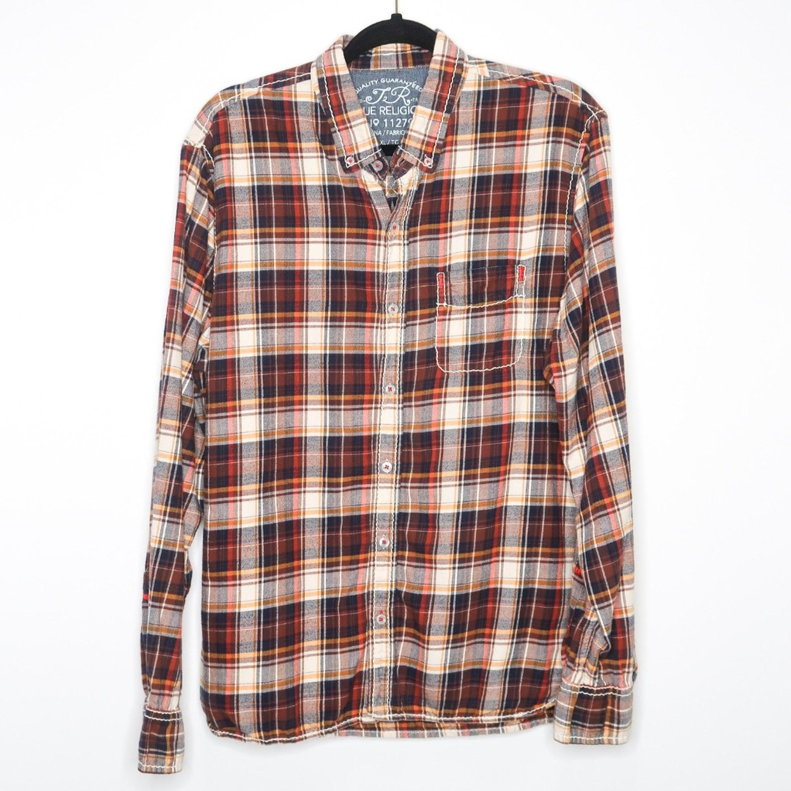 True Religion Mens Button Up Shirt Size XL Plaid Orange Brown Cowboy Western