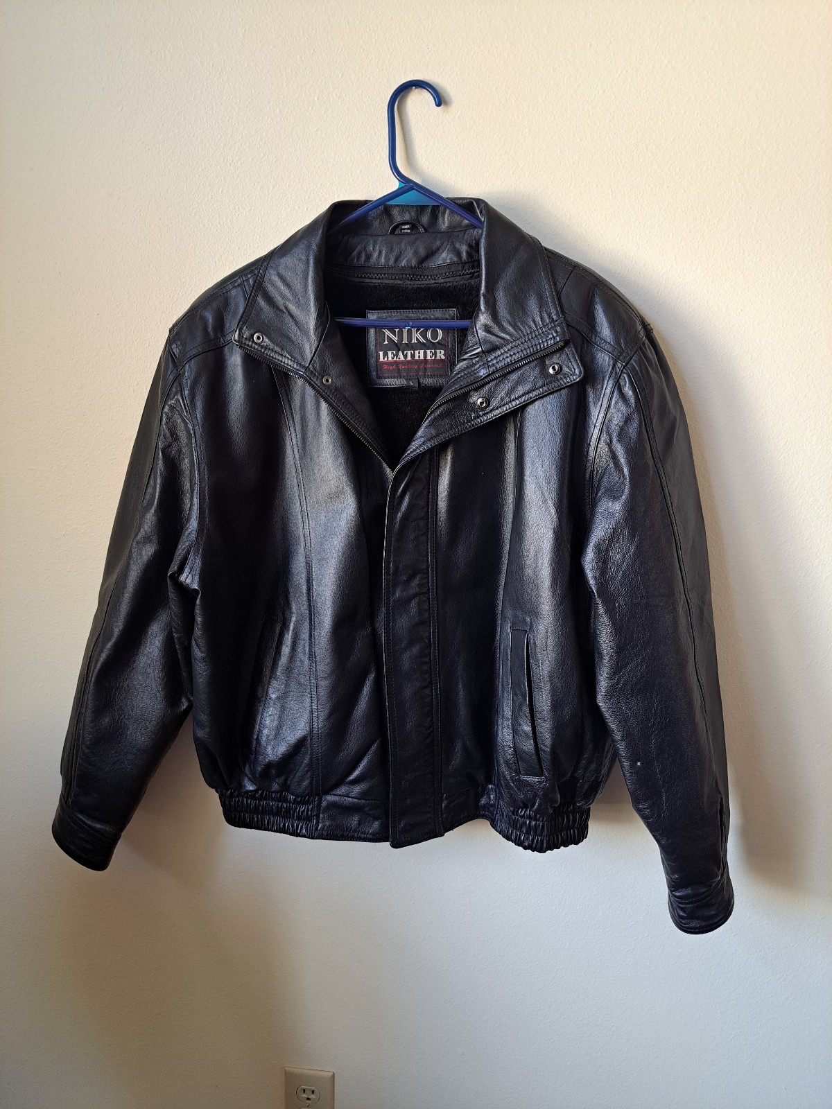 Niko Leather Black Bomber Jacket Mens Size L Preowned