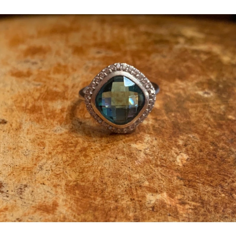 Sterling Silver, Blue Topaz and Diamond Ring Size 7