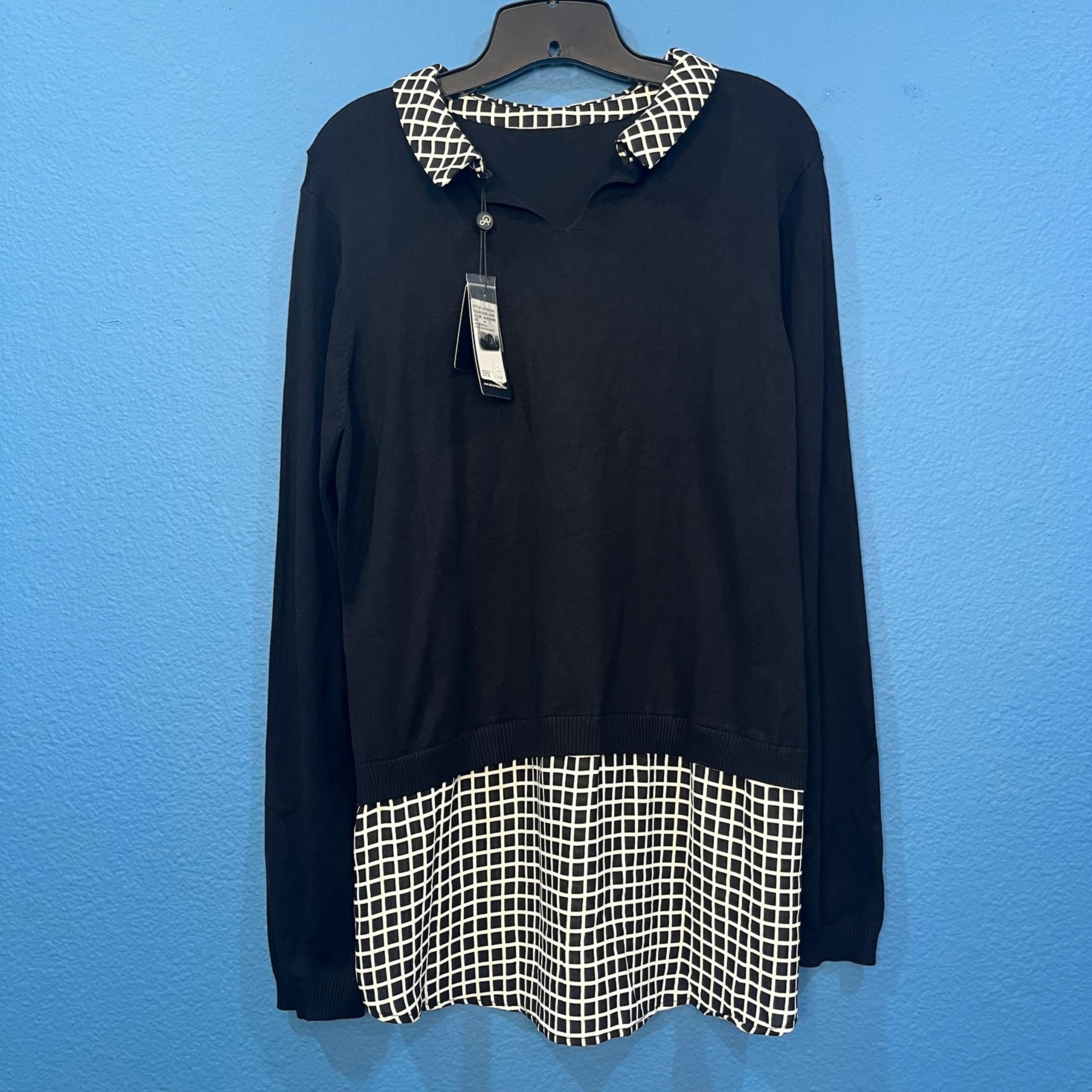 Adrianna Papell Black White Twofer Sweater Plaid Blouse With Tags Women XL