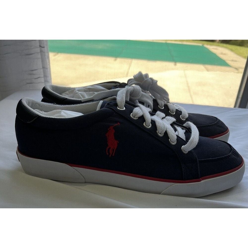 Vtg Polo Ralph Lauren Brisbane II Blue Canvas Lace Up Sneakers Men's 11 Red Pony