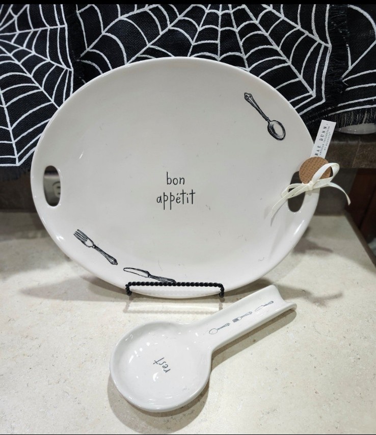 Rae Dunn Ivory Ceramic Set of Serving Platter and Matching Spoonrest, bnwt!