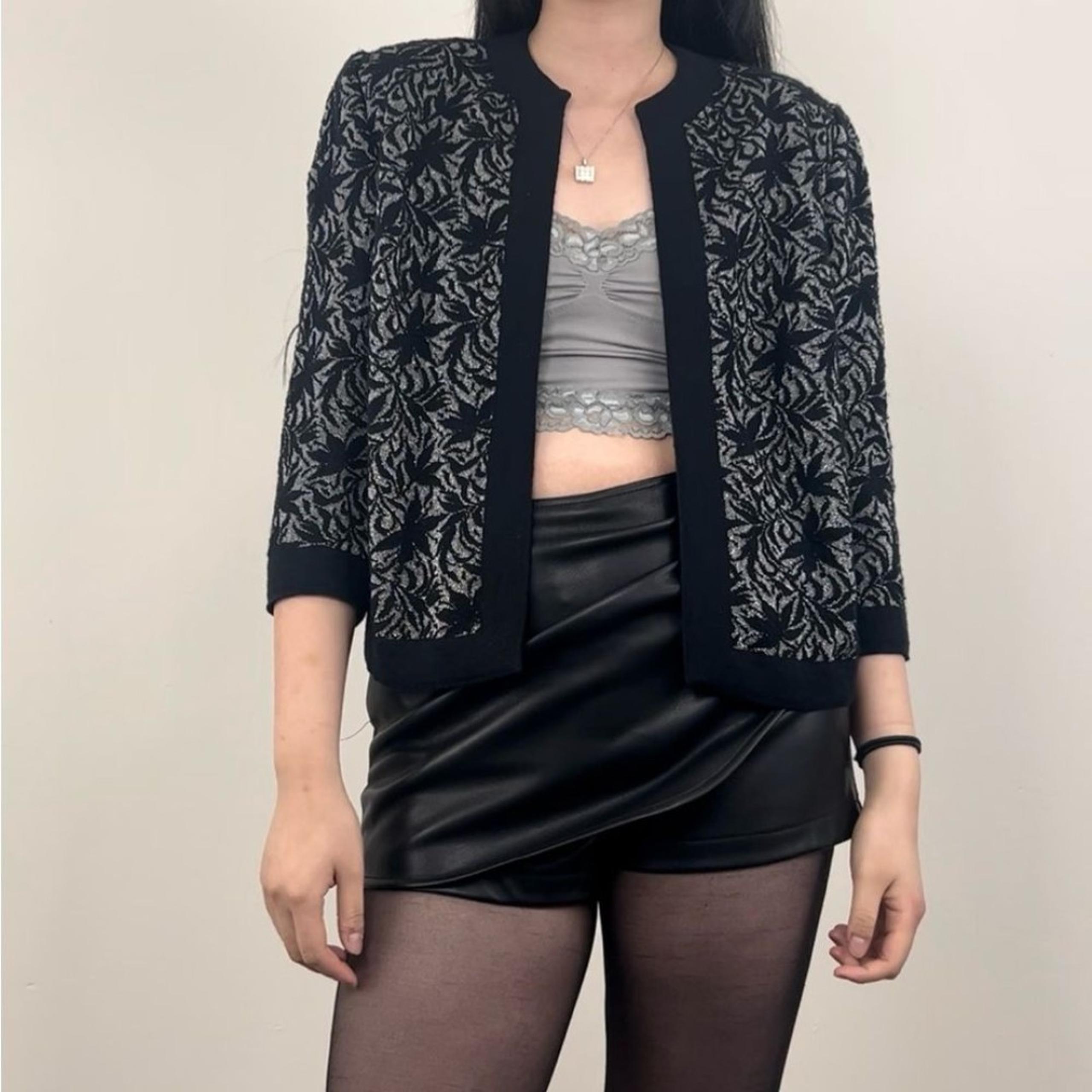 Vintage Huppert London Silver and Black Maple Leaf Cardigan