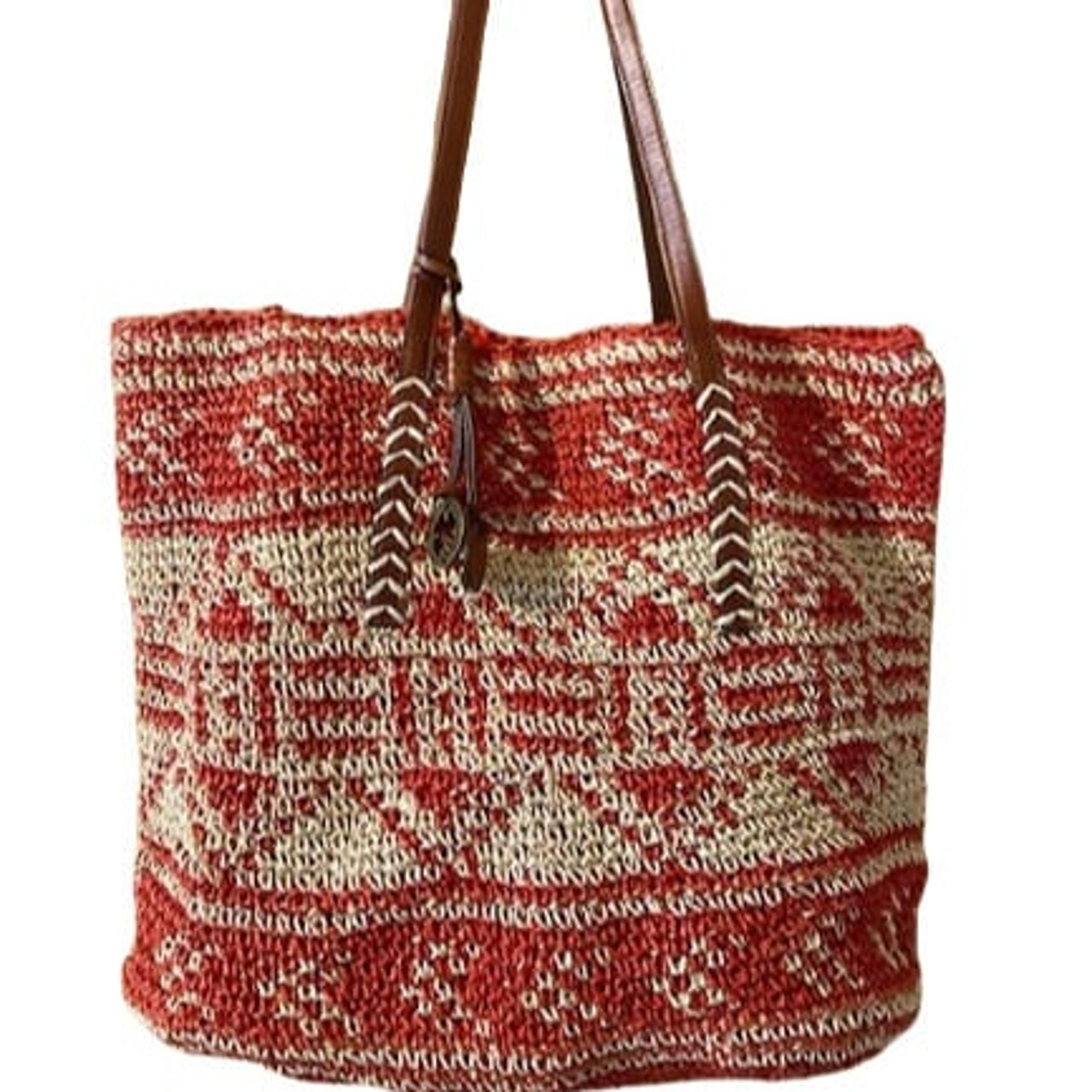 Lucky Brand Shoulder Tote Bag Boho Red Cream Woven Lined Leather Handles