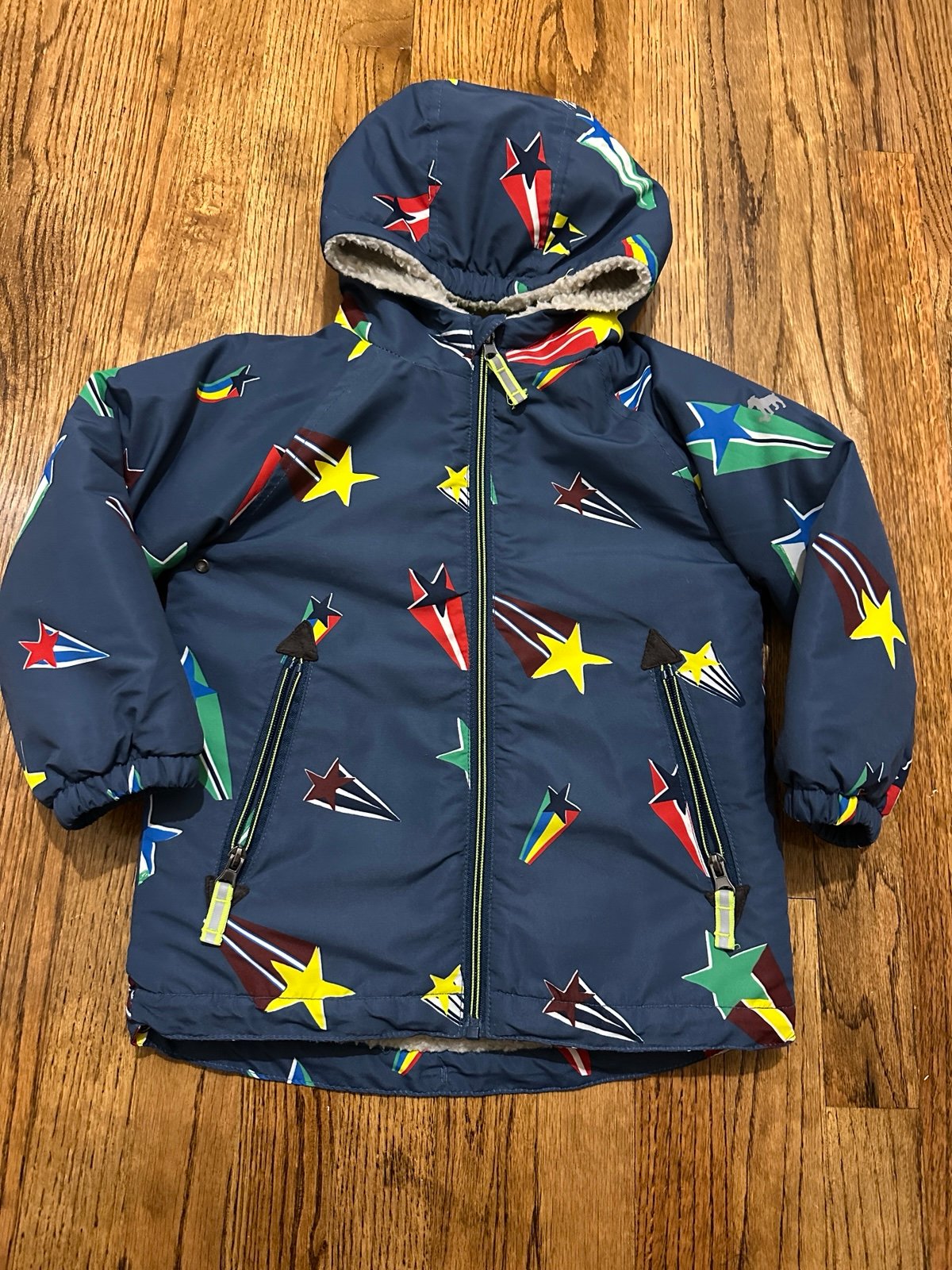 Mini Boden Boys Sherpa Lined Shooting Stars Winter Coat Star Jacket, size 3-4Y